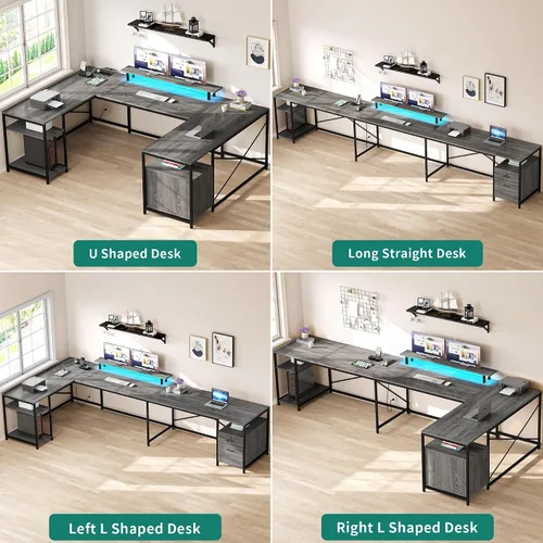 Vista 5 de YITAHOME Escritorio en Forma de U con Tomas de Corriente y Luces LED, Escritorio Reversible en Forma de L de 79" con Cajones, Escritorio de Esquina