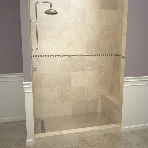Vista 3 de Tile Redi RT3048L-SQPC-RB30-KIT - Sartén y banco de ducha con drenaje izquierdo, base de ducha de un solo bordillo, banco, drenaje de PVC de 2 Cromo