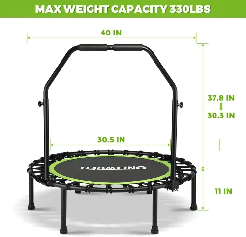 Vista 2 de ONETWOFIT Foldable Rebounder Trampoline for Adults, 40/45” Mini Fitness Trampoline W/Adjustable Foam Handle Bungees, Quiet Exercise Trampoline for