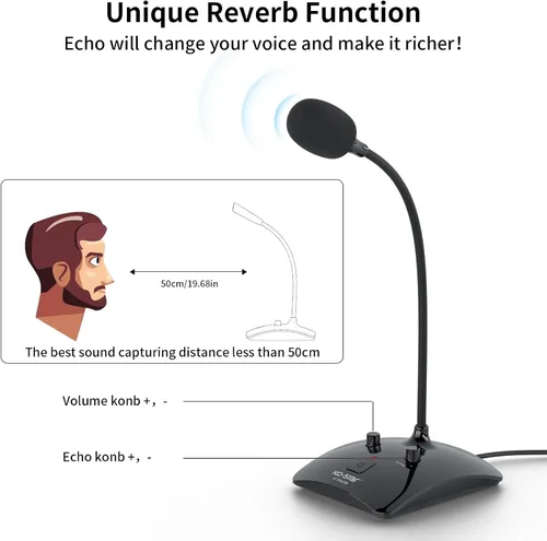 Vista 4 de Micrófono USB de cuello de cisne para conferencias, micrófono de escritorio omnidireccional flexible de 360° con cancelación de ruido, botón