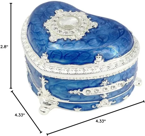 Vista 7 de ROSIKING Caja de música de aleación de metal en relieve en forma de corazón azul, caja musical antigua para joyería con cuerda, regalos