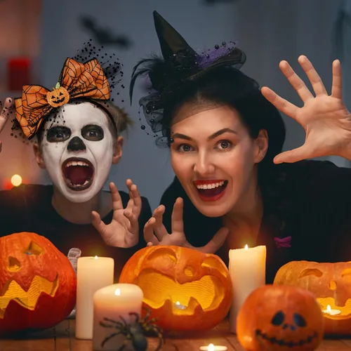 Vista 4 de Diadema de lazo de Halloween con diseño de calabaza con diseño de malla Headands Ornage para Acción de Gracias, fiesta de Halloween, accesorios