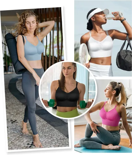 Vista 4 de VEQKING Brasier deportivo con tirantes para mujer, espalda cruzada, soporte medio, sin costuras, extraíble, acolchado, para yoga, entrenamiento