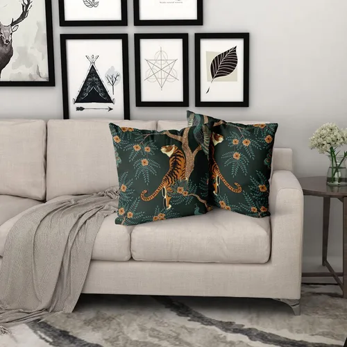 Vista 6 de Juego de 2 fundas de almohada de tigre, de algodón, con diseño de animales de bosque de pavo real, decorativas, para dormitorio, sofá, sala