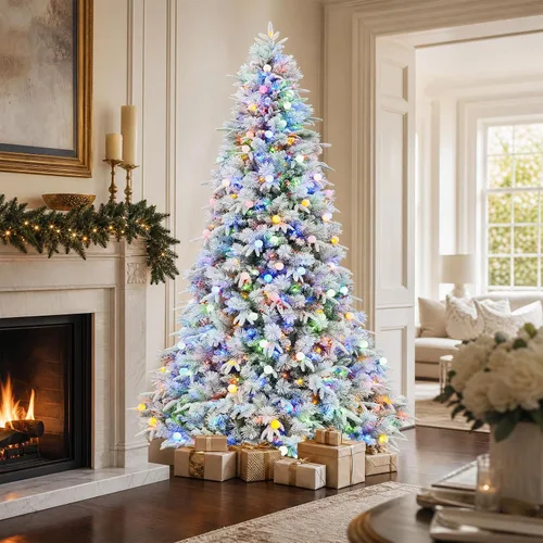 Vista 6 de Hykolity Árbol de Navidad flocado preiluminado de 7.5 pies, 450 luces LED 1592 puntas flocadas mixtas, 450 LED blanco cálido y multicolor, 10 modos
