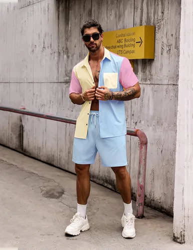 Vista 5 de LecGee Conjunto de 2 piezas de camisa y pantalones cortos de manga corta con botones para hombre