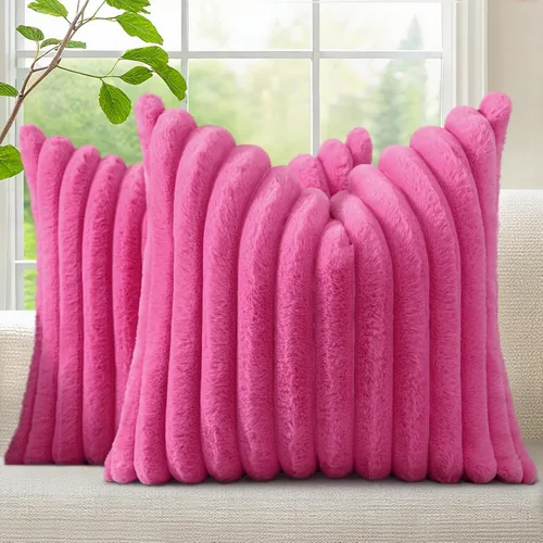 Vista 26 de decorUhome Fundas de almohada de piel sintética, juego de 2, decorativas, afelpadas, suaves, afelpadas, a rayas, parte posterior de terciopelo