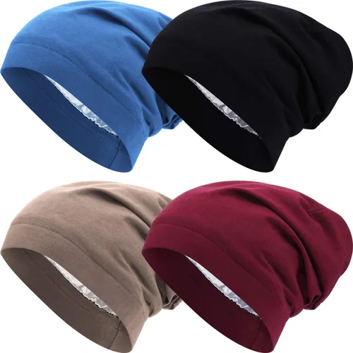 Vista 22 de 4 Pieces Satin Lined Beanie Cap Satin Sleep Lined Hat Slouchy Beanie Hat Night Silk Hair Cap for Women Men