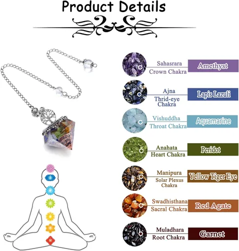 Vista 5 de Péndulo de cristal de 7 chakras para radiestesia, árbol de la vida de Reiki, 6 péndulos puntiagudos facetados Scrying Dowser para adivinación
