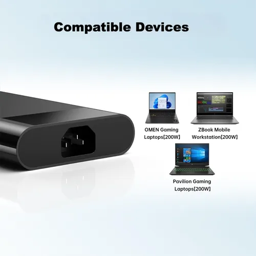 Vista 5 de Cargador para portátil de 200 W compatible con HP Victus 15 16, Omen/Pavilion Gaming 15 17, ZBook Fury 16 G8 G9 G10 G11 Cable de alimentación