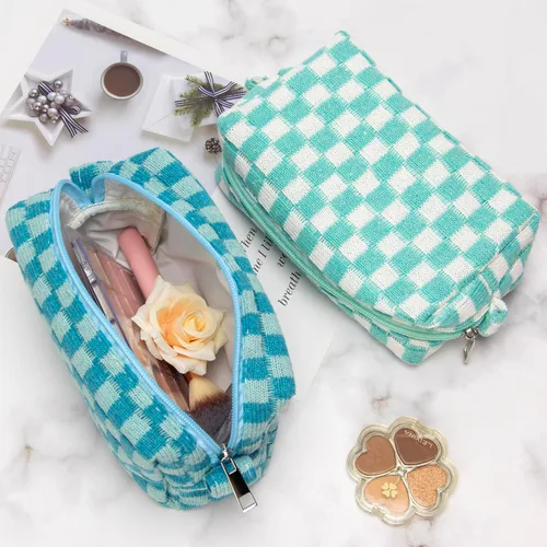Vista 7 de PAZIMIIK Bolsa de Maquillaje a Cuadros para Bolso Portátil con Cremallera, Estuche Pequeño de Cosméticos para Accesorios de Viaje, Azul Ártico