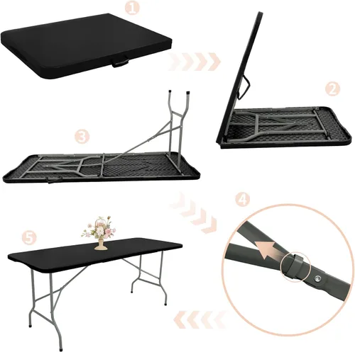 Vista 5 de Mesa plegable de 6 pies, mesa de camping portátil de plástico rectangular, mesa de comedor al aire libre, patas de acero, plegable por la mitad