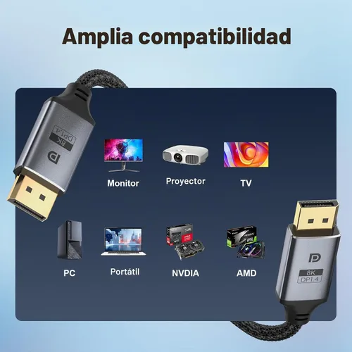 Vista 6 de Cable DisplayPort 8K 4K 1.4, cable DP de 6 pies 32.4Gbps, 8K@60Hz, 4K@144Hz, 2K@240Hz, HDR10, HDCP2.2, DSC 1.2a, cable de puerto de visualización