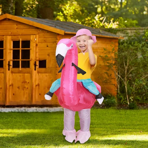 Vista 4 de Disfraz inflable de flamenco para niños, disfraz inflable de flamenco con sombrero de cubo rosa, divertido vestido elegante para Halloween, Navidad