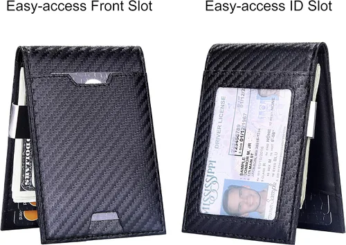 Vista 2 de Cartera plegable para hombre con clip para dinero bolsillo frontal minimalista de cuero con bloqueo RFID