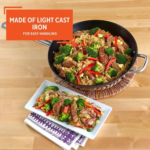 Vista 3 de Imusa LCI-19008 USA - Wok de hierro fundido ligero de 14 pulgadas, antiadherente, con asas de acero inoxidable, utensilios de cocina, color negro