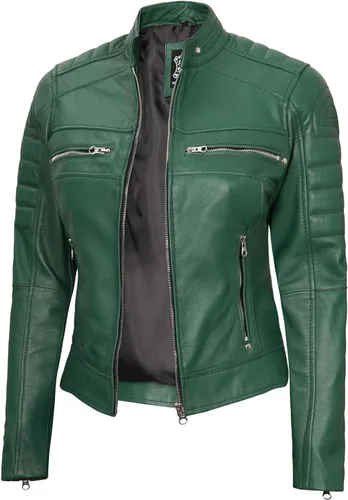 Vista 8 de Decrum Chaquetas de cuero de piel de cordero real Cafe Racer para mujer Negro