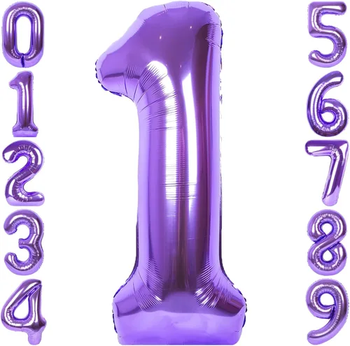 Vista 23 de Globo de número 0 de 40 pulgadas de RainbowQ Party, grande, color púrpura, para niños o niñas, números del 0 al 9, de papel de aluminio y Mylar
