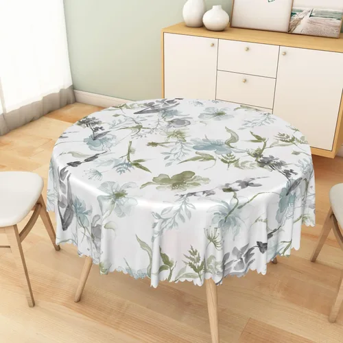 Vista 5 de Mantel redondo floral rústico de 48 pulgadas, con estampado botánico de flores en acuarela verde, azul y gris, a prueba de derrames y aceite, tela