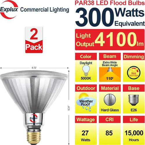 Vista 2 de Explux - Bombilla LED PAR38 equivalente a 300 W, ultra brillante, 4100 lúmenes, vidrio completo impermeable y antienvejecimiento, no regulable, foco