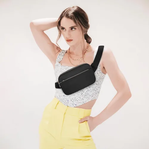 Vista 6 de Riñonera de moda para mujer con correa ajustable para viajes, correr, senderismo, caminar, 3-Cremallera Negro, 1 paquete de cangurera de 3