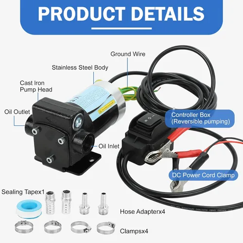 Vista 3 de 12V CC Bomba de transferencia de combustible/gasolina con cables de conexión, bomba reversible mejorada, protección térmica, control de interruptor