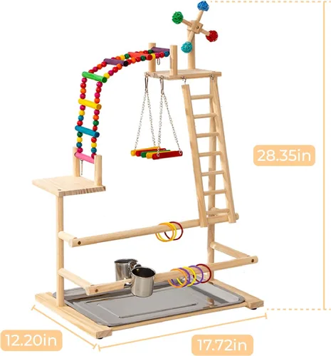 Vista 2 de Parque infantil para pájaros, perca de madera natural, soporte de juego de pájaros para el interior, soporte de loro de 4 capas para pájaros