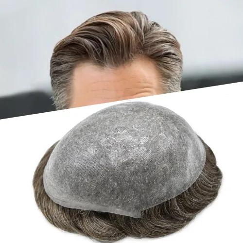 Vista 38 de Tupé de piel ultra fina para hombres pieza de cabello humano real sistema de reemplazo 0.002 in Mens Toupee Hairpiece para hombres V-Loop 8x10 80%