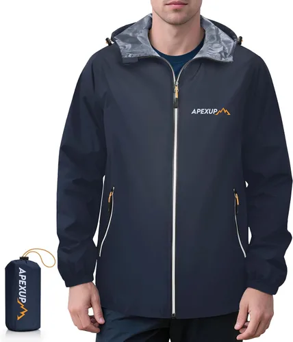 Vista 13 de APEXUP Chaqueta de lluvia empacable para hombre con cremallera reflectante, impermeable ligero, chaqueta de lluvia para hombre para deportes al aire