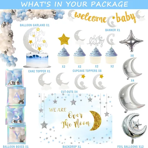 Vista 2 de 154 piezas de decoración de baby shower sobre la luna, Fiesec We Are Over The Moon Baby Shower, decoración de telón de fondo de globos, guirnalda