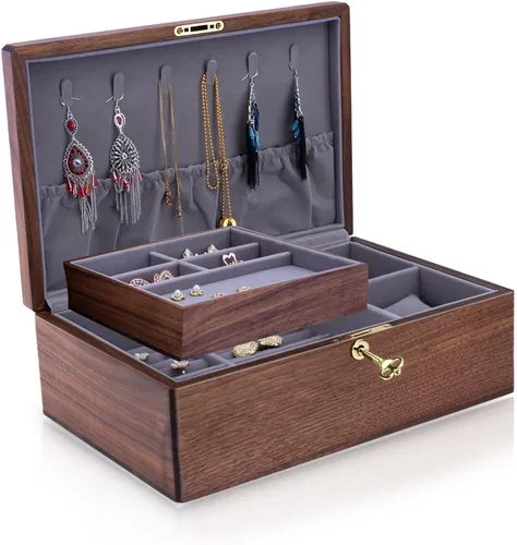 Vista 9 de Exquisito joyero de madera de nogal negro, organizadores y soporte solución de almacenamiento noble y elegante, para mujeres, niñas, San Valentín