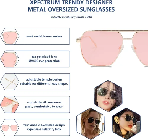 Vista 2 de Xpectrum Retro Oversized Aviator Trendy Sunglasses Mens Womens Square Metal Gold Sun Glasses Polarized Lens