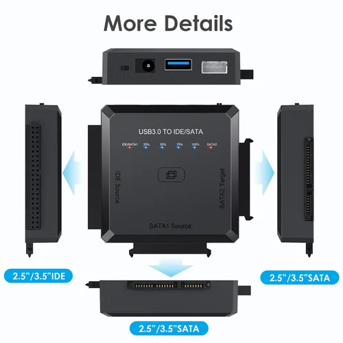 Vista 6 de Convertidor de lector de disco duro Ultra Recuperación, SATA IDE a USB 3.0 Adaptador para 2.5" 3.5" HDD/SSD, USB a SATA/IDE One Touch Clone