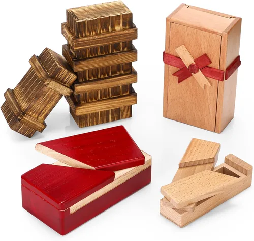 Vista 9 de Hanaive Paquete de 5 Cajas de Rompecabezas de Navidad, Caja de Regalo de Madera con Dinero Secreto, Rompecabezas Oculto con Compartimentos
