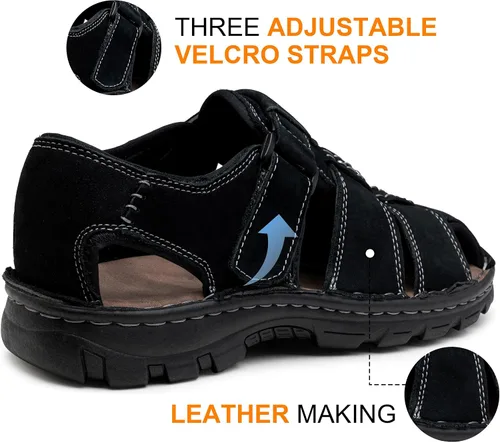 Vista 2 de Jousen Sandalias de cuero para hombre, sandalias de playa con punta abierta, para verano, senderismo, deportes al aire libre