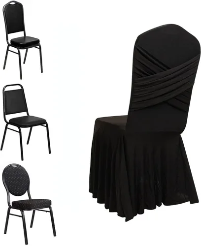 Vista 3 de Efavormart - Funda para silla de banquete de elastano con falda plisada con volantes y banda trasera cruzada, funda elástica negra para bodas y Negro