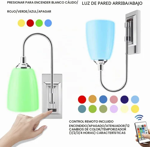 Vista 4 de HONWELL Lámpara de pared LED que funciona con pilas, apliques de pared para interiores, inalámbrico, multicolor, para iluminación de habitación