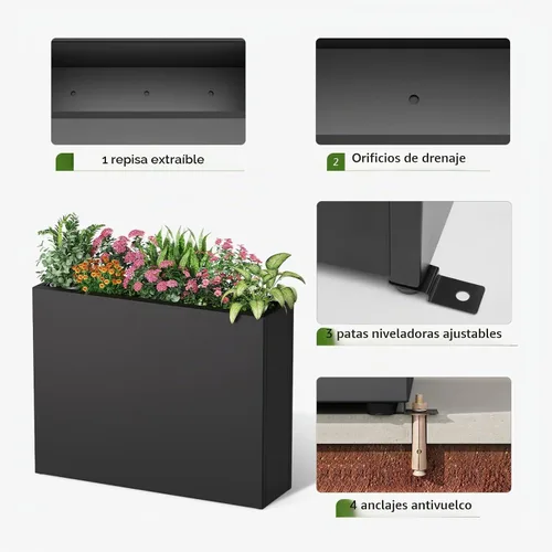 Vista 6 de Stoog - Macetero alto rectangular de metal de 38" - Macetero para todo clima para uso en interiores/exteriores, con estante extraíble y diseño Negro
