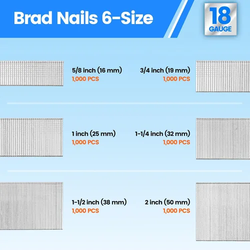 Vista 3 de Meite - Uñas Brad de calibre 18, 6 tamaños (5/8, 3/4, 1, 1-1/4, 1-1/2, 2 pulgadas), 6,000