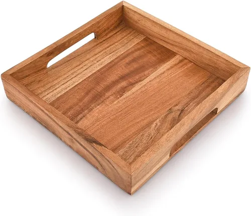 Vista 3 de Bandeja de madera de acacia con asas, bandeja de madera para servir, bandeja de aperitivos, bandeja de desayuno, ideal para desayuno, café