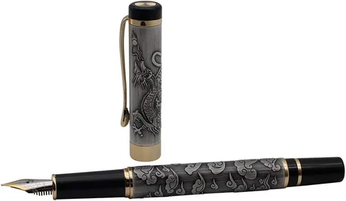 Vista 4 de Ancient Silver Jinhao Dragon - Juego de plumas estilográficas ejecutivas de punta fina, colección de bolígrafos vintage, bolígrafo de negocios