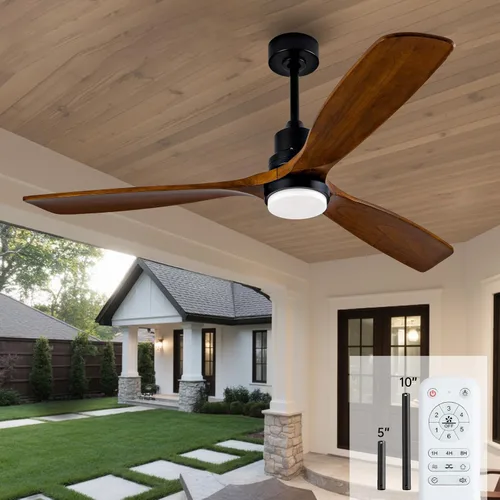 Vista 19 de Ventilador de techo de madera natural de 42 pulgadas con luces y control remoto, ventilador de 3 aspas para exteriores/interiores para patio y sala