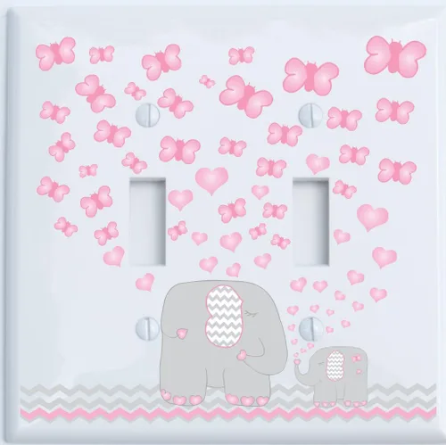 Vista 5 de Placa de interruptor de luz de elefante rosa y cubiertas de salida GFCI para decoración de guardería con corazones y mariposas de cheurones grises
