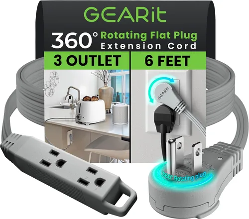 Vista 39 de GEARit Cable de extensión de enchufe plano giratorio de 360° de 3 pies, cable de alimentación de perfil bajo de 3 salidas, ahorro de espacio