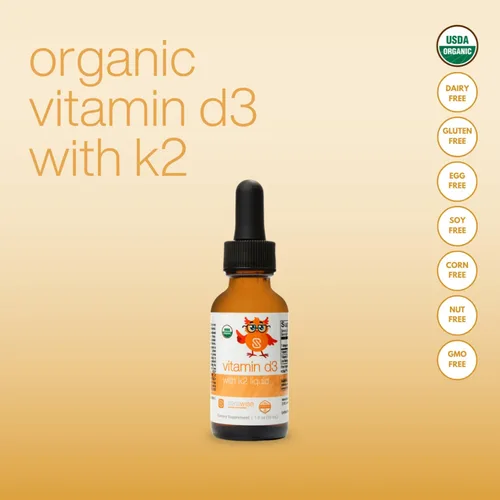 Vista 4 de Vitamina líquida orgánica D3 con K2 por la Dra. Ana Maria Temple Apoya huesos fuertes y salud inmunológica Certificado orgánico USDA Base
