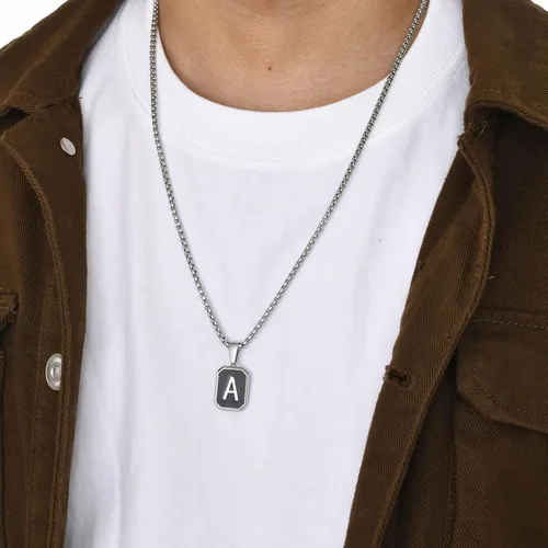 Vista 5 de Hisatan Collar con inicial para hombres y mujeres, collares con colgante de letra A-Z, color negro, plateado, cuadrado, capital, para hombre, acero
