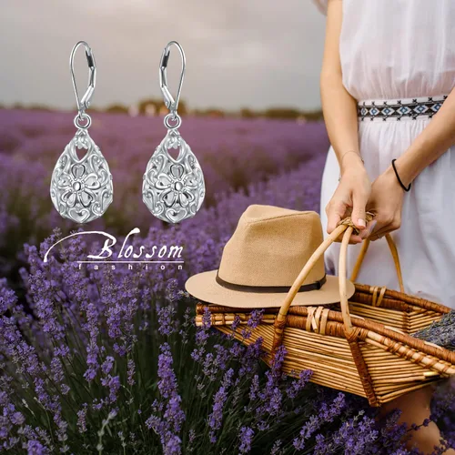 Vista 3 de Aretes colgantes de filigrana de plata de ley 925, margarita, loto, flor de rosa, piedra lunar, lágrima para mujer, nudo celta infinito, margarita