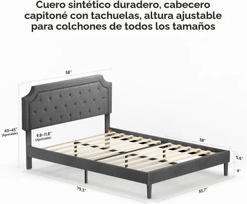 Vista 3 de BONSOIR Base de cama tapizada de color gris de tamaño matrimonial, con plataforma tradicional tapizada de perfil bajo con cabecera copetuda