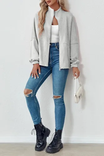 Vista 6 de Saodimallsu Chaquetas casuales con cremallera para mujer, manga larga, puños elásticos, con bolsillos