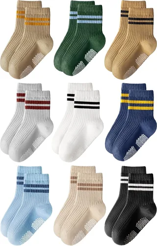 Vista 8 de HONGTEYA 9 pares de calcetines para niños pequeños, calcetines antideslizantes de algodón para bebés con agarres de 0 a 5 años